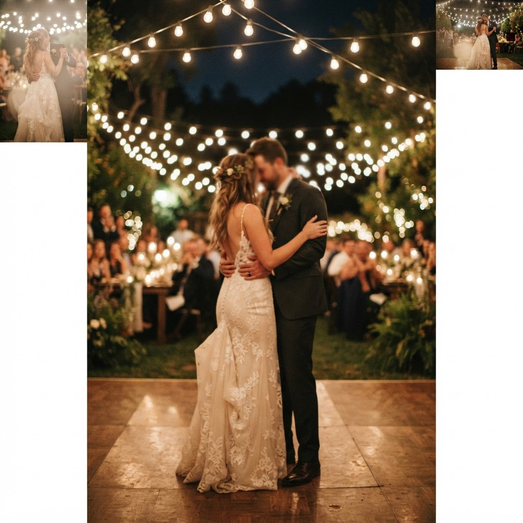Pareja bailando bajo luces cálidas